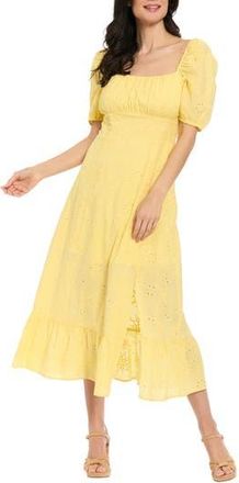 London Times Floral Embroidered Eyelet Puff Sleeve Cotton Midi Dress in Yellow at Nordstrom Rack, Size 14