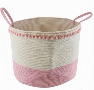 Trade Shop Trade Shop - Cesto Portaoggetti Per Biancheria In Corda Pon Pon Rosa Con Manici 50x35cm 10669