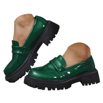 Generic Womens Platform Chunky Heeled Loafers Business Casual Work Shoes Dressy Fashion Comfortable Slip On Loafers for Women Lug Sole Round Toe Low Heel Leat