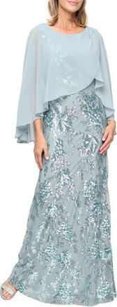 S.L. Fashions Sequin Floral Gown with Cape Overlay in Sage at Nordstrom, Size 14