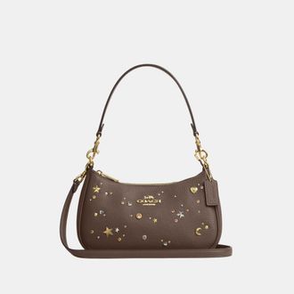Coach Womens Teri Shoulder Bag With Rivets - Brown Leather - One Size