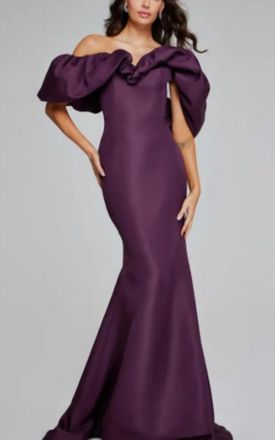 Jovani Jovani Off-Shoulder Gown With Dramatic Ruffled Sleeves In Wine