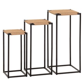 Hhg Hhg - Set De 3 Mesas Florales 266, Mesa Auxiliar Florero Estante, Apilable, Cuerda De Papel Met&aacute;lica, Color Natural