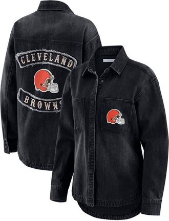 WEAR by Erin Andrews Womens WEAR by Erin Andrews Black Cleveland Browns Washed Oversized Denim Full-Snap Shacket at Nordstrom, Size Xx-Large