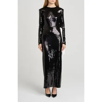 Wayf Charlize Sequin Side Bow Long Sleeve Maxi Dress in Black at Nordstrom Rack, Size X-Small