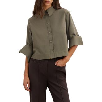 Reiss Caylan Cotton & Wool Crop Button-Up Shirt in Khaki Green at Nordstrom, Size 14 Us