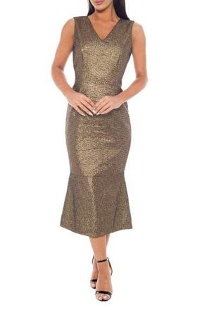 OLEG CASSINI Metallic Brocade Stretch Dress in Gold at Nordstrom Rack, Size X-Large