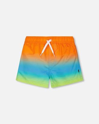 Deux par Deux Mid Thigh Elastic Waist Gradient Boardshorts in Orange, Blue & Green Gradient at Nordstrom, Size 18-24M
