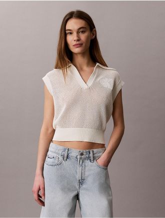 Calvin Klein Jeans Calvin Klein Womens Monogram Crochet Cropped Top - White - L
