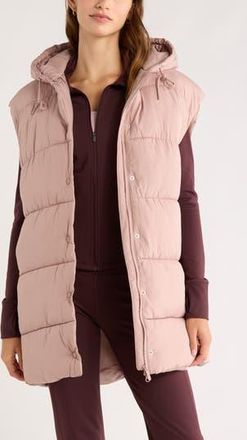 Zella Longline Hooded Puffer Vest in Pink Fawn at Nordstrom Rack, Size Medium
