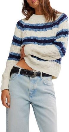 Free People Frankie Stripe Cable Stitch Cotton Sweater in Ivory Combo at Nordstrom Rack, Size X-Large