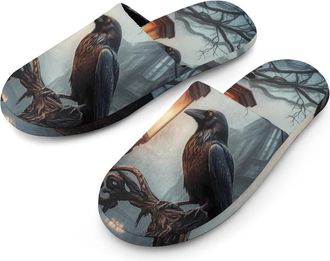Generic Raven Night Flannel Mens Slip-on Slippers Winter Warm House Shoes with Rubber Sole for Home Hotel
