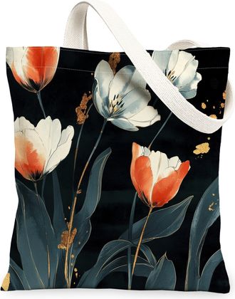Generic Spring Japanese Tulip Canvas Tote Bag for Shopping 13x15, Asia Chinese Japan Flower Reusable Grocery Print Pattern Bag for Women Men, Cool Floral Aest