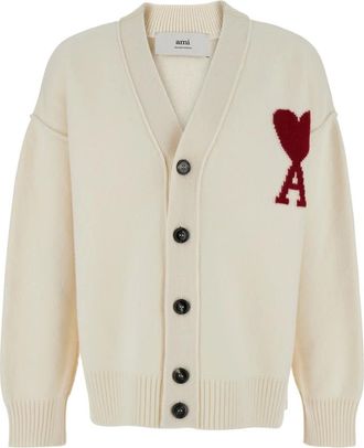 Ami Truien & Vesten, Heren, Beige, L, Wol, Witte V-hals Cardigan met ADC Logo