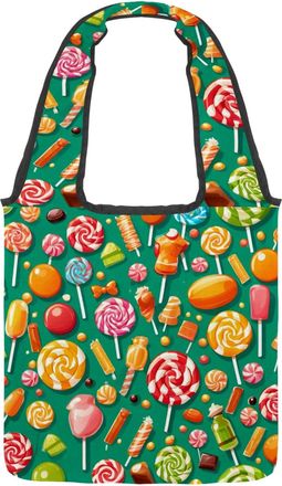 Generic Green Candy Pattern Reversible Canvas Shoulder Tote - Double-Sided Print, 12oz Cotton, 27cm Drop, Fold-Flat Bag for Travel, Shopping, Street Outings