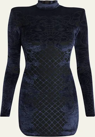 Balmain Baroque Velvet Strong-Shoulder Long-Sleeve Mini Dress