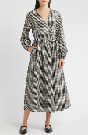FRNCH Anemone Gingham Long Sleeve Seersucker Wrap Dress in Noir at Nordstrom, Size X-Small