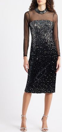 Eliza J Mixed Media Sequin Long Sleeve Cocktail Midi Dress in Black Silver at Nordstrom, Size 18