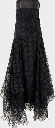 Akris Strapless Trapezoid Embroidered Organza Fringe Maxi Dress