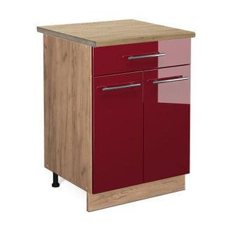 Vicco Mueble Bajo De Cocina Fame-line, Rojo Burdeos Alto Brillo, 60 Cm Con Caj&oacute;n, Et Roble Vicco