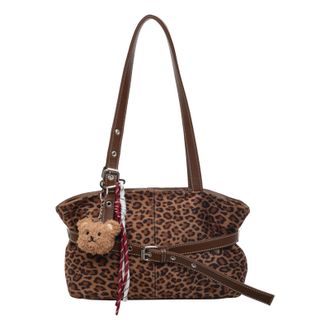 Generic PU Leather Leopard Print Shoulder Bag with Pendant Tote Bags for Women (Brown)