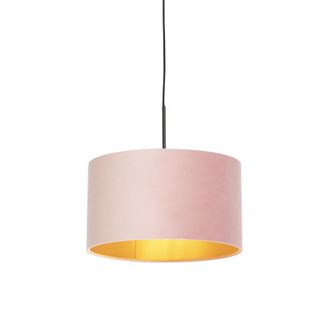 QAZQA Qazqa R&uacute;stico L&aacute;mpara Colgante Con Pantalla De Terciopelo Rosa Y Dorado 35 Cm - Combi Acero /textil Cil&iacute;ndra /alargada /redonda Adecuado Para Led Max.