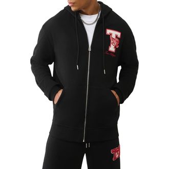 True Religion World Tour Champs Zip Front Hoodie in Jet Black at Nordstrom, Size X-Large