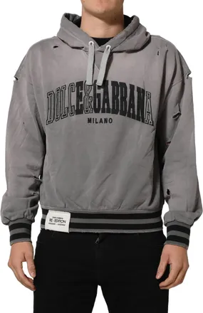 Dolce & Gabbana Gray Graphic Hooded Sweatshirt Men Sweater Cotton Clothing
