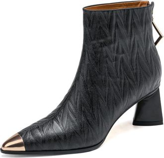 TinaCus Womens Cap Toe Embossed Genuine Leather Handmade Mid Heels Back Zip up Ankle Boots, Black, 2.5 UK