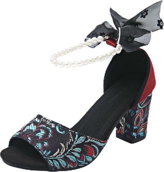 Generic Summer Sandals for Women Size 6 Ladies Embroidery Chunky Heel Buckle High Platform Fish Mouth 4 (Red, 7.5)