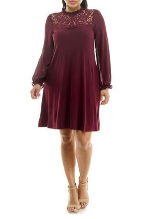Nina Leonard Lace Yoke Long Sleeve Trapeze Dress in Deep Wine at Nordstrom Rack, Size X-Large