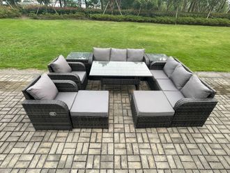 Fimous 10 Seater Rattan Garden Furniture Set Oblong Rectangular Dining Table and Chairs Set with 3 Seater Sofa 2 Big Footstool 2 Side Tables