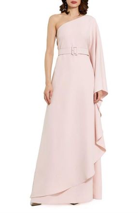 Mac Duggal Crepe One Sleeve Belted Kaftan Dress in Blush at Nordstrom, Size 12