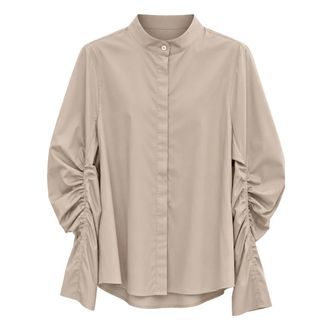 Meimeij Mandarijnkraag Blouse - Dames - Blouses & Shirts - Beige - Maat: S Katoen
