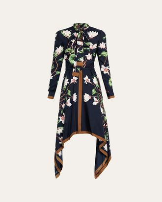 Oscar De La Renta Long-Sleeve Chine Cyclamen Silk Twill Handkerchief Dress