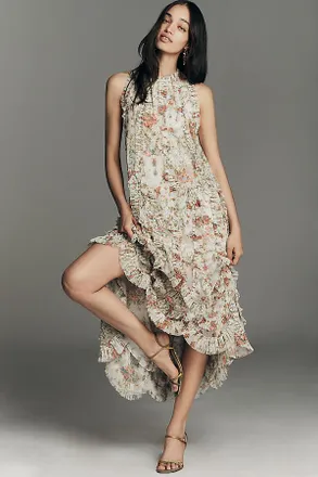 Mac Duggal Ruffle High-Neck Mesh Midi Dress