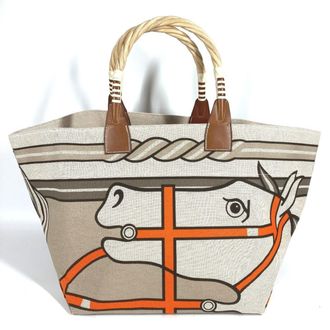 Herm&egrave;s Beige Orange Canvas Leather Shoulder Bag Tote Bag (Pre-Owned)