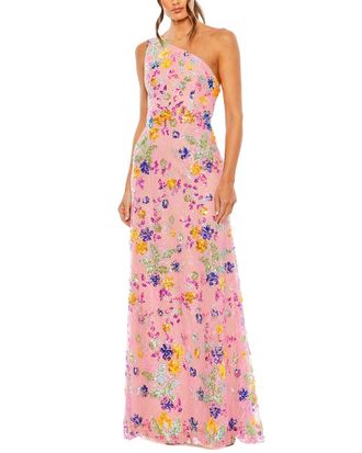 Mac Duggal One Shoulder Floral Sequin Lace-Up Gown
