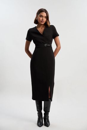 Karen Millen Womens Compact Essential Tab Waist Midi Dress - Black - Size 16 UK