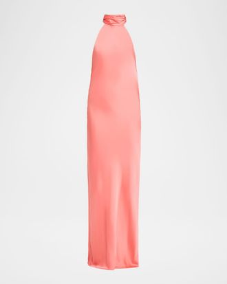 Ramy Brook Tatiana Low-Cut Halter Column Gown