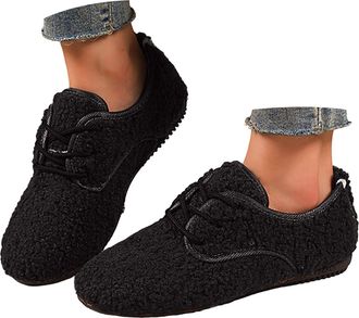 Generic Womens Cozy Flat Shoes Round Toe Fleece Lined Lace Up Warm Casual Fuzzy Slip On Walking Shoes for Women Indoor Outdoor Winter Plush Solid Low Top Non-