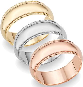 Pompeii3 8mm Milgrain Plain High Polished Dome Wedding Band 10k White, Yellow, Rose Gold