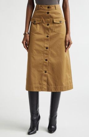 Saint Laurent Button Front Cotton Serge Midi Skirt in Chatain at Nordstrom, Size 4 Us