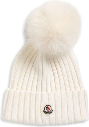 Moncler Wool Rib Beanie with Faux Fur Pompom in Silk White at Nordstrom