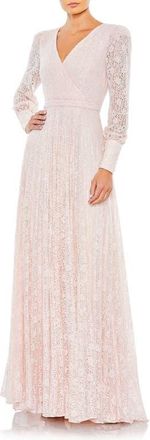 Mac Duggal Beaded Lace Long Sleeve Wrap Over Gown in Light Rose at Nordstrom, Size 24