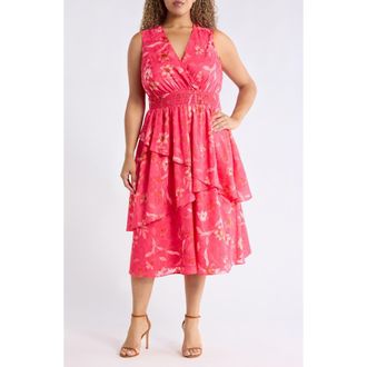Anne Klein Tiered Ruffle Midi Dress in Grenadine Multi at Nordstrom, Size 3X