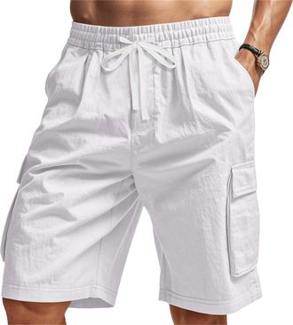 Generic Mens Lightweight Linen Cargo Shorts - Elastic Drawstring Waist Beach Casual Shorts with Multi-Pockets Summer Outdoor (White,XL)
