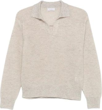 Brunello Cucinelli Perforated V-neck Jumper - female - Brunello Cucinelli - V-neck Knitwear - Beige - XS - Knitwear
