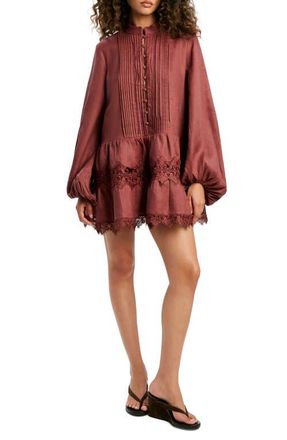 Bardot Antonia Lace Trim Long Sleeve Linen Minidress in Chestnut at Nordstrom, Size 10