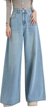 Generic Wide Leg Jeans for Women UK Flared Jeans Boyfriend High Waited Baggy Wide Leg Jeans Y2k Streetwear Retro Loose Fit Denim Pant with Pocket Holiday Esse